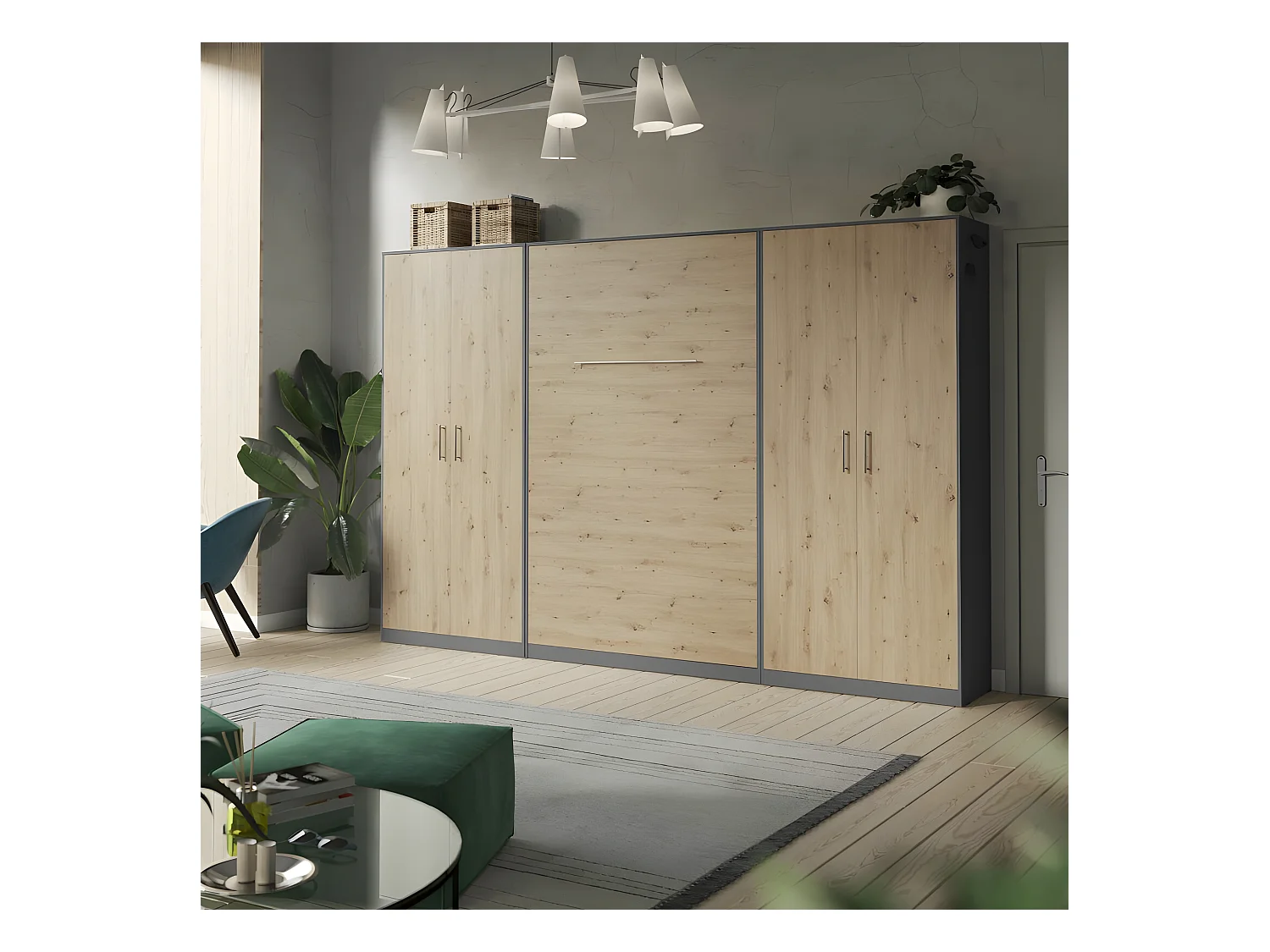 Lit escamotable +2 Placards Vertical 140x200+(100x2)cm Lit Rabattable Lit Mural Standard Anthracite/Chêne sauvage