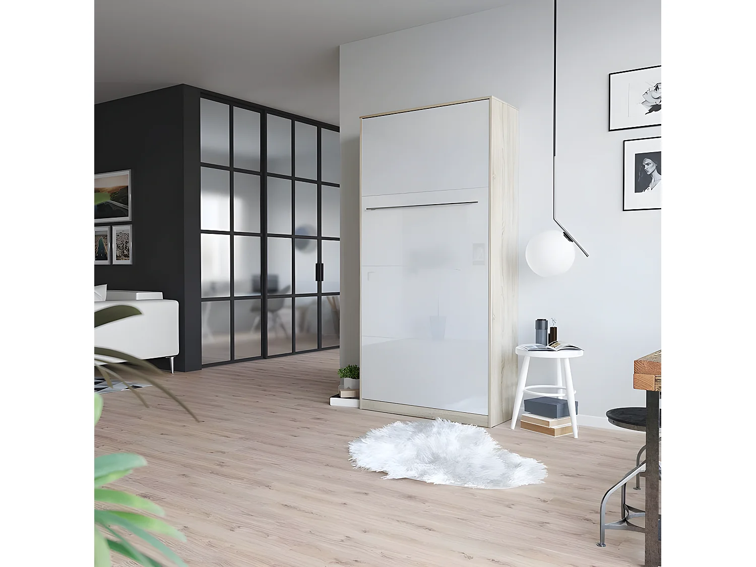 Armoire Lit escamotable 90x200cm Vertical Lit Rabattable Lit Mural Supérieur Chêne Sonoma/Blanc brillant