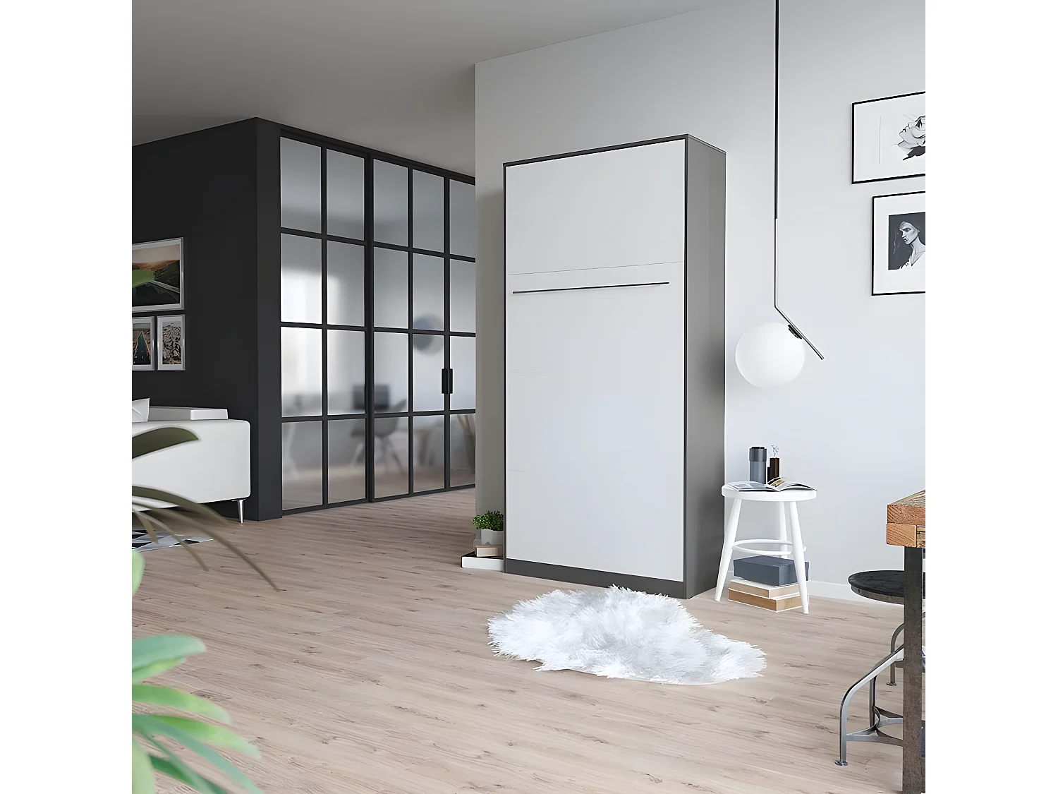 Armoire Lit escamotable 90x200cm Vertical Lit Rabattable Lit Mural Supérieur Anthracite/Blanc