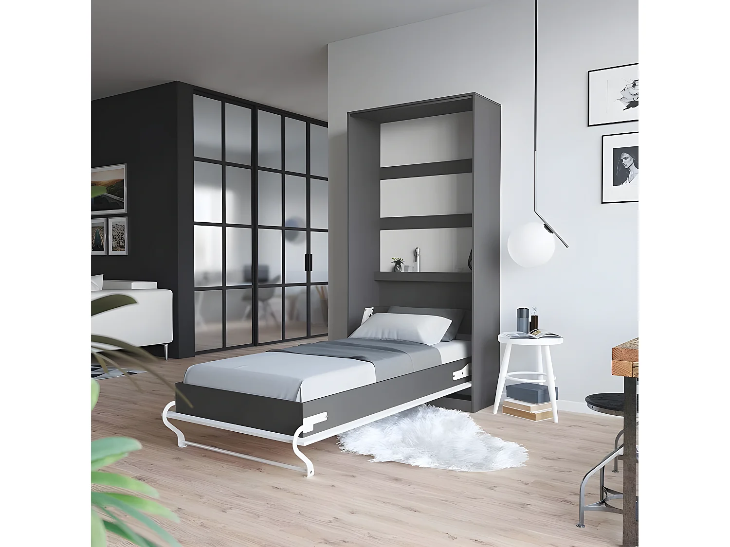 Armoire Lit escamotable 90x200cm Vertical Lit Rabattable Lit Mural Supérieur Anthracite/Blanc