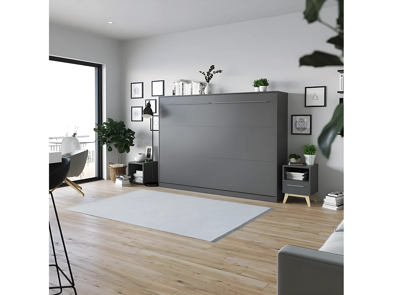 Armoire Lit escamotable 140x200cm Supérieur Horizontal Lit Rabattable Lit Mural Anthracite/Anthracite