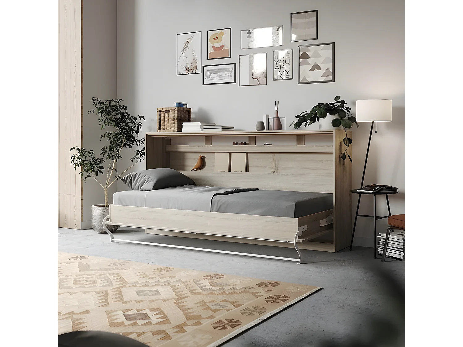 Armoire Lit escamotable 90x200cm Supérieur Horizontal Lit Rabattable Lit Mural Chêne Sonoma/Béton