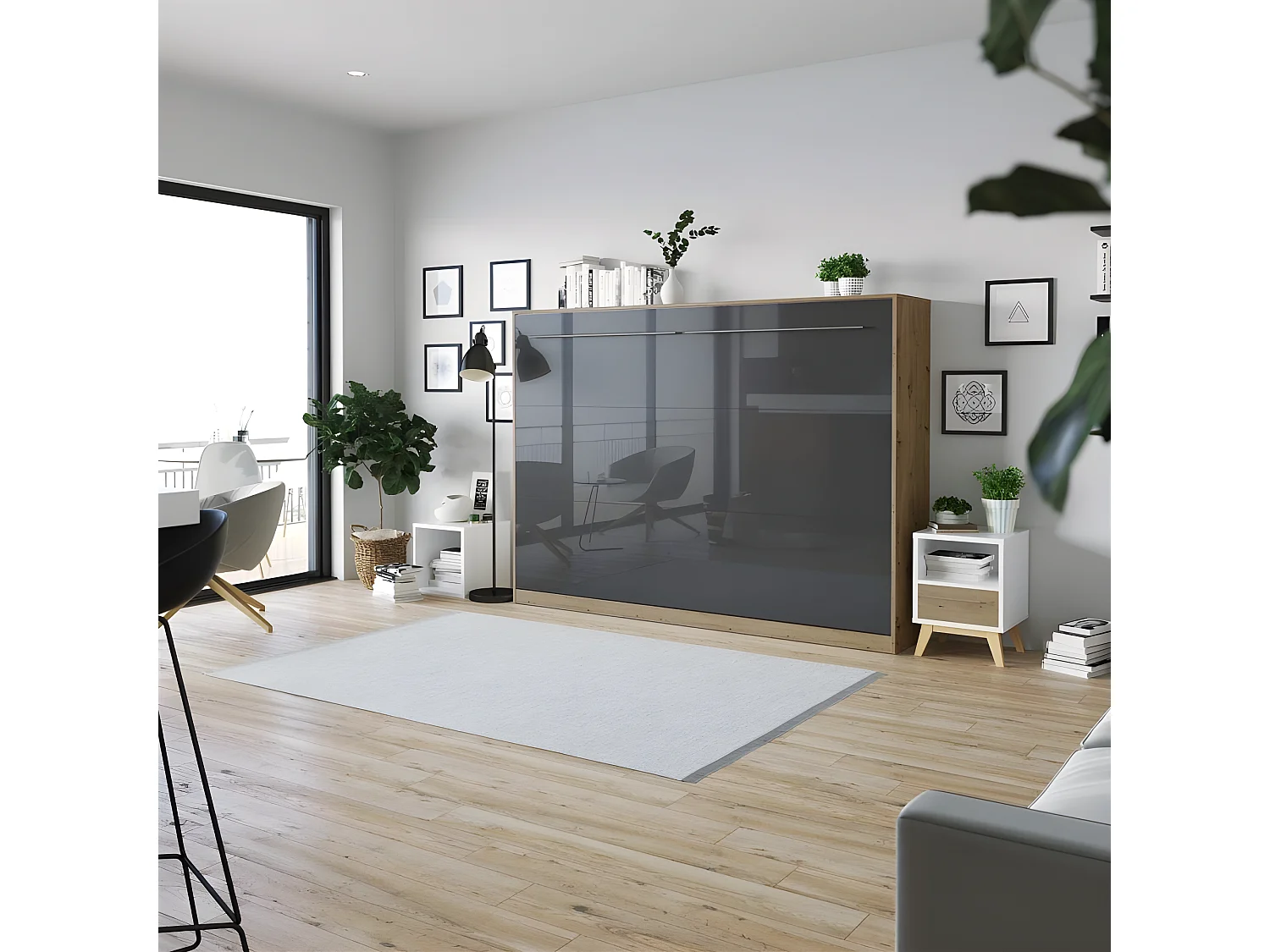 Armoire Lit escamotable 140x200cm Supérieur Horizontal Lit Rabattable Lit Mural Chêne Sauvage/Anthracite brillant