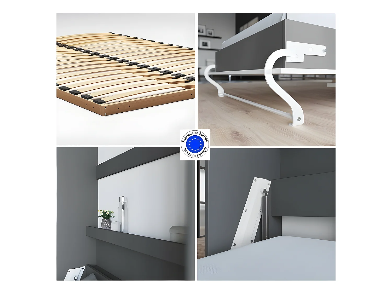 Lit escamotable +2 Placards Vertical 140x200+(100x2)cm Lit Rabattable Lit Mural Standard Anthracite/blanc brillant