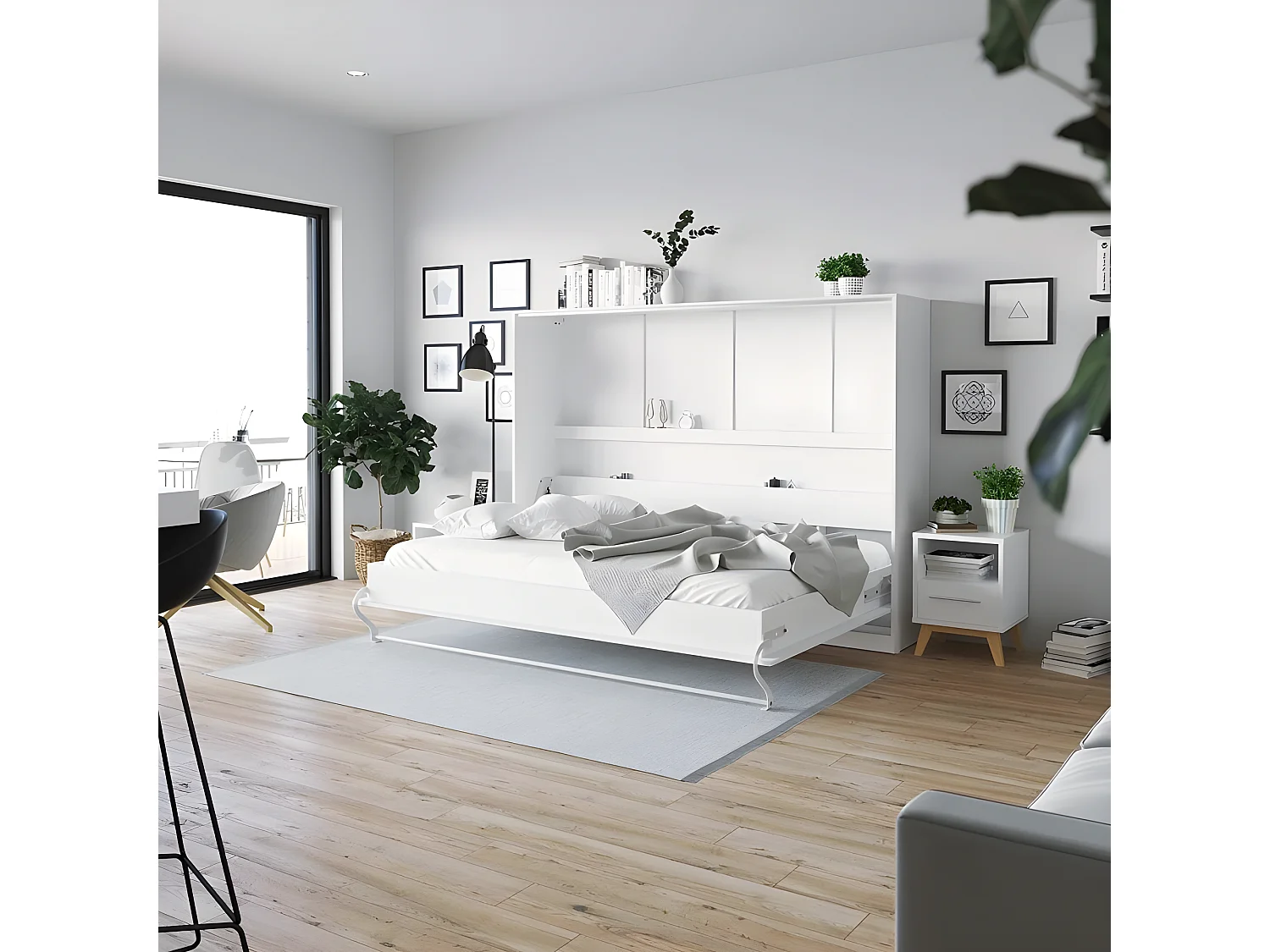 Armoire Lit escamotable 140x200cm Supérieur Horizontal Lit Rabattable Lit Mural Blanc/Blanc brillant