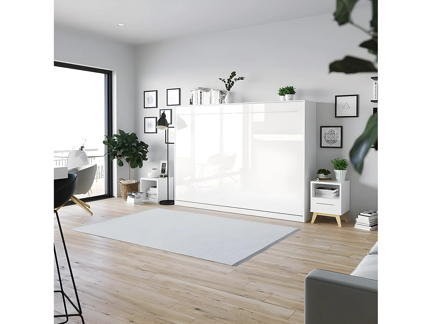 Armoire Lit escamotable 140x200cm Supérieur Horizontal Lit Rabattable Lit Mural Blanc/Blanc brillant