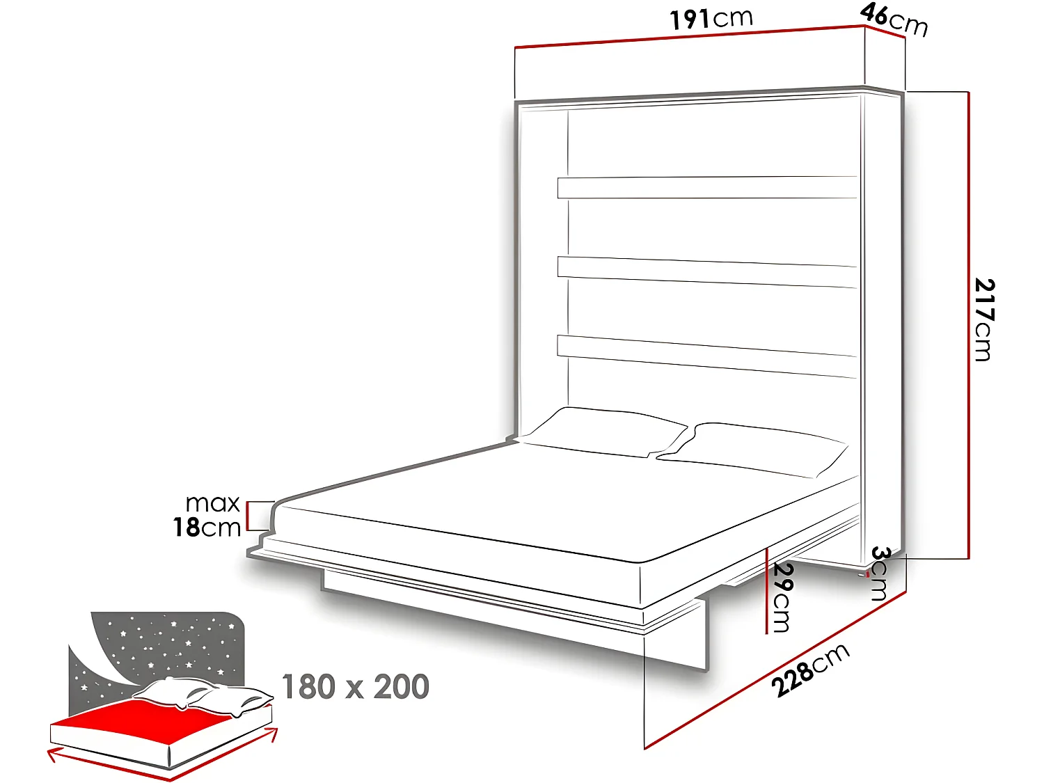 Lenart Armoire Lit escamotable Vertical 180x200 cm Blanc mat Lit Rabattable Lit Mural"Consus"