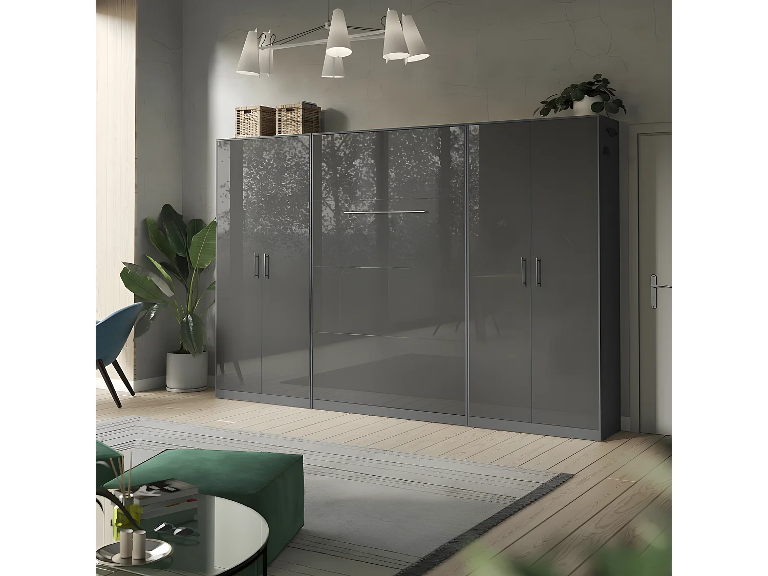 Lit escamotable +2 Placards Vertical 140x200+(100x2)cm Lit Rabattable Lit Mural Standard Anthracite/Anthracite brillant