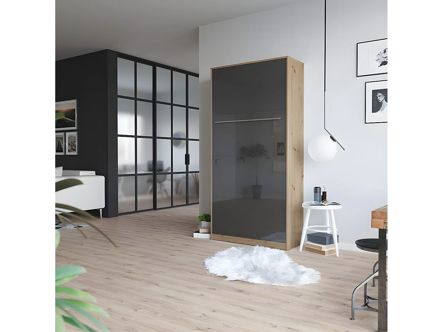 Armoire Lit escamotable 90x200cm Vertical Lit Rabattable Lit Mural Supérieur Chêne Sauvage/Anthracite brillant