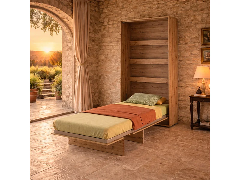 Lenart Armoire Lit escamotable Vertical 90x200 cm Chêne artisan Lit Rabattable Lit Mural"Consus"