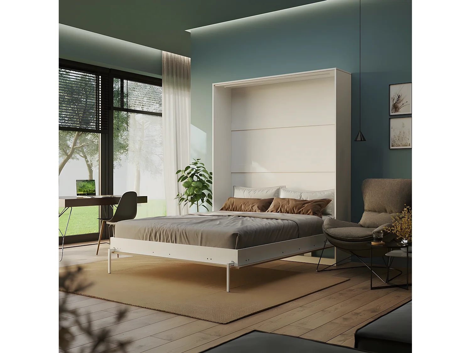 Armoire Lit escamotable 160x200cm Blanc/Chêne Sauvage Vertical Lit Rabattable Lit Mural C*Adore