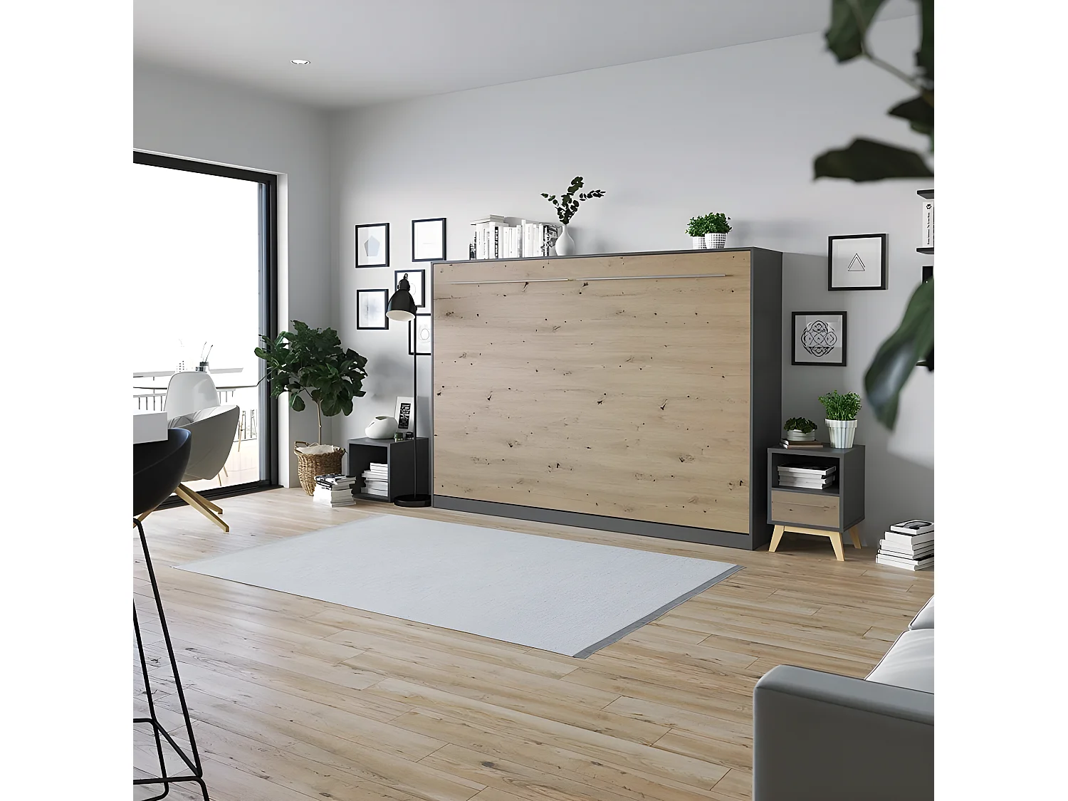 Armoire Lit escamotable 140x200cm Supérieur Horizontal Lit Rabattable Lit Mural Anthracite/Chêne sauvage