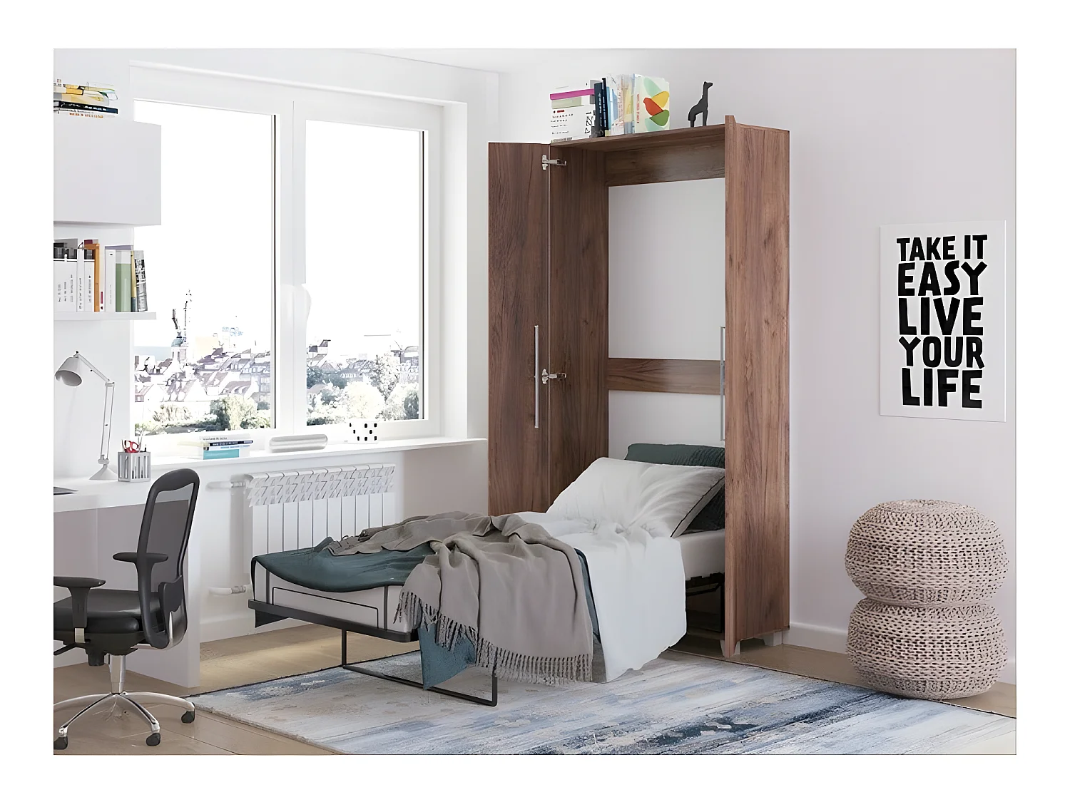 Armoire Lit escamotable Vertical 90x200 cm couleur avec porte Tabac foncé Lit Rabattable Lit Mural Todor