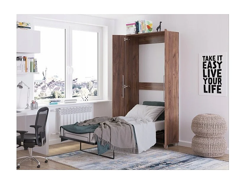 Armoire Lit escamotable Vertical 90x200 cm couleur avec porte Tabac foncé Lit Rabattable Lit Mural Todor