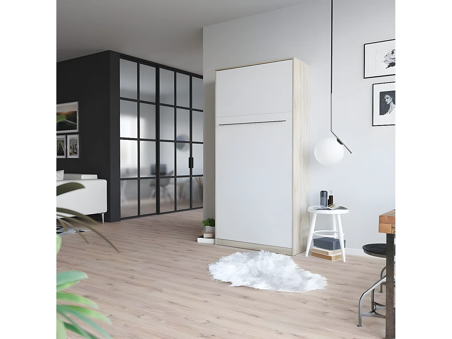 Armoire Lit escamotable 90x200cm Vertical Lit Rabattable Lit Mural Supérieur Chêne Sonoma/Blanc