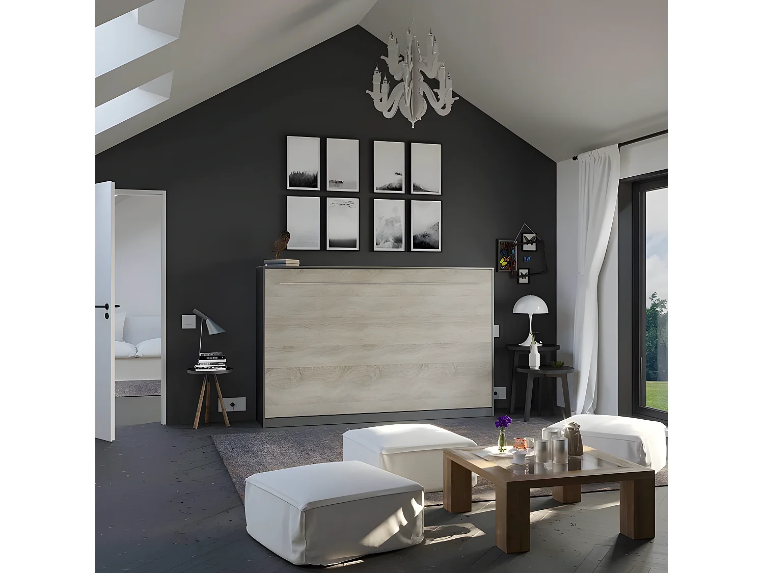 Armoire Lit escamotable 120x200cm Supérieur Horizontal Lit Rabattable Lit Mural Anthracite/Chêne Sonoma