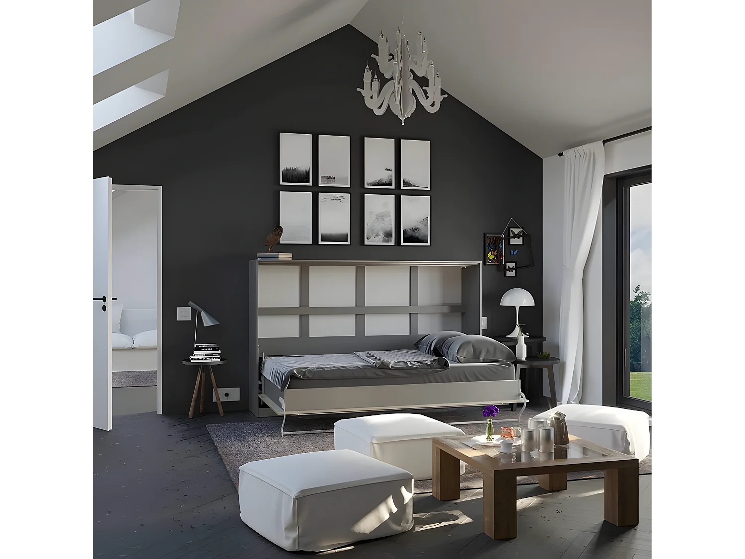 Armoire Lit escamotable 120x200cm Supérieur Horizontal Lit Rabattable Lit Mural Anthracite/Chêne Sonoma