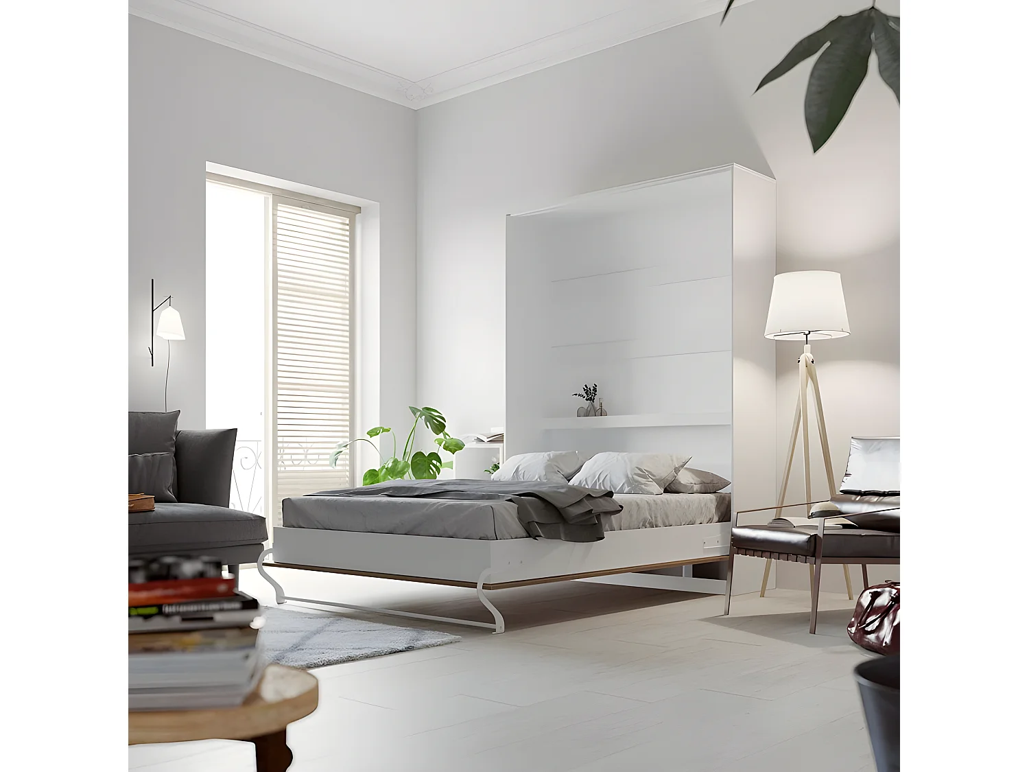 Armoire Lit escamotable 140x200cm Lit Rabattable Lit Mural Supérieur Vertical Blanc/Chêne Sauvage