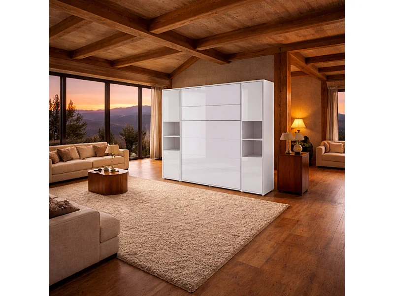 Lenart Armoire Lit escamotable +2 Placards Vertical 140x200 cm blanc brillant tiroir Lit Rabattable Lit Mural"Consus"