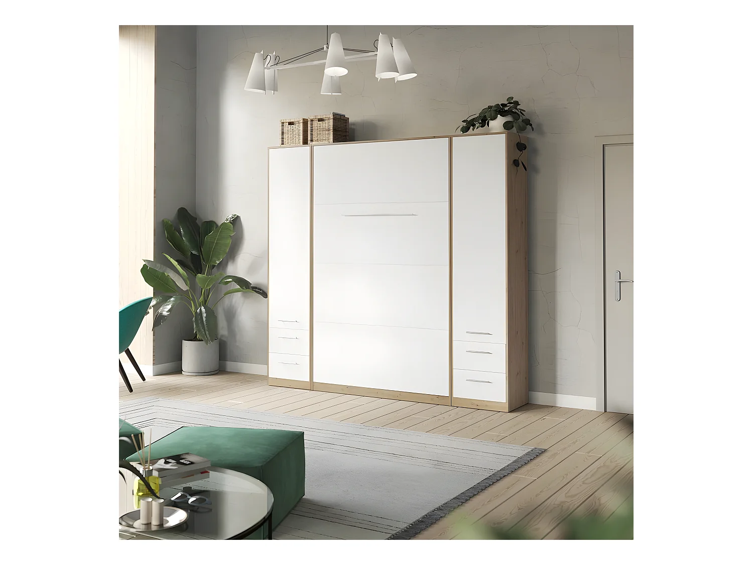 Lit escamotable +2 Placards Vertical 90x200+(50x2)cm Lit Rabattable Lit Mural Standard Chêne Sauvage/blanc