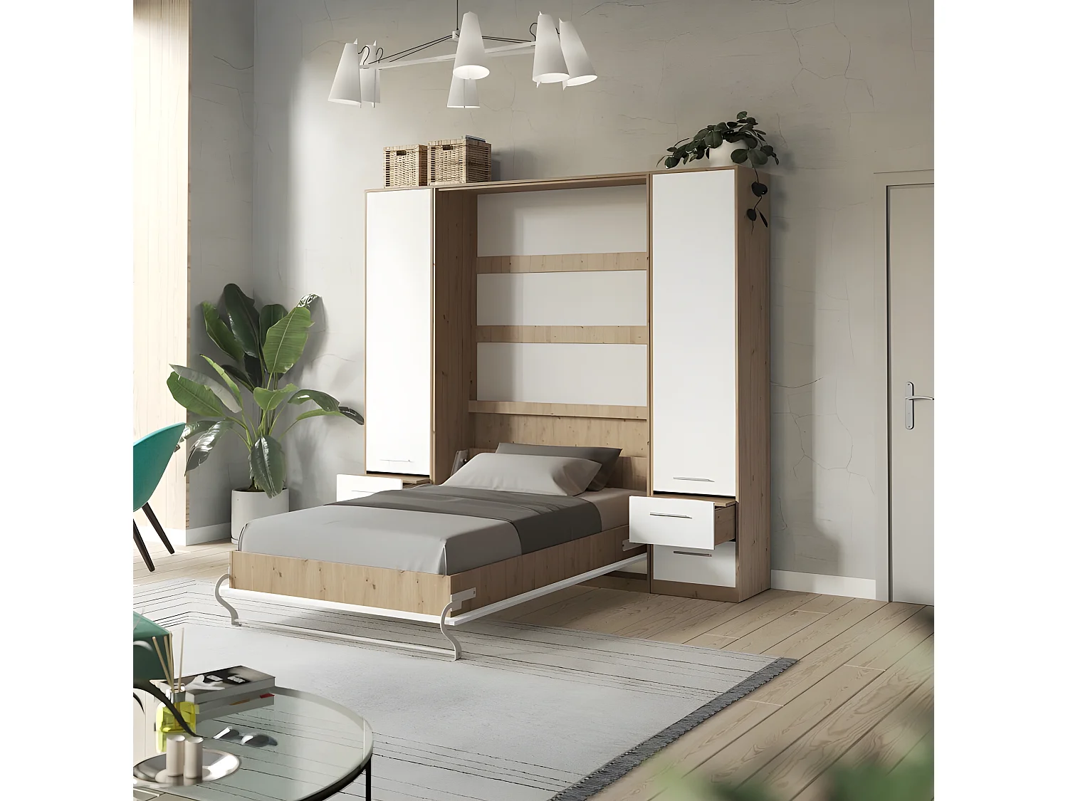 Lit escamotable +2 Placards Vertical 90x200+(50x2)cm Lit Rabattable Lit Mural Standard Chêne Sauvage/blanc