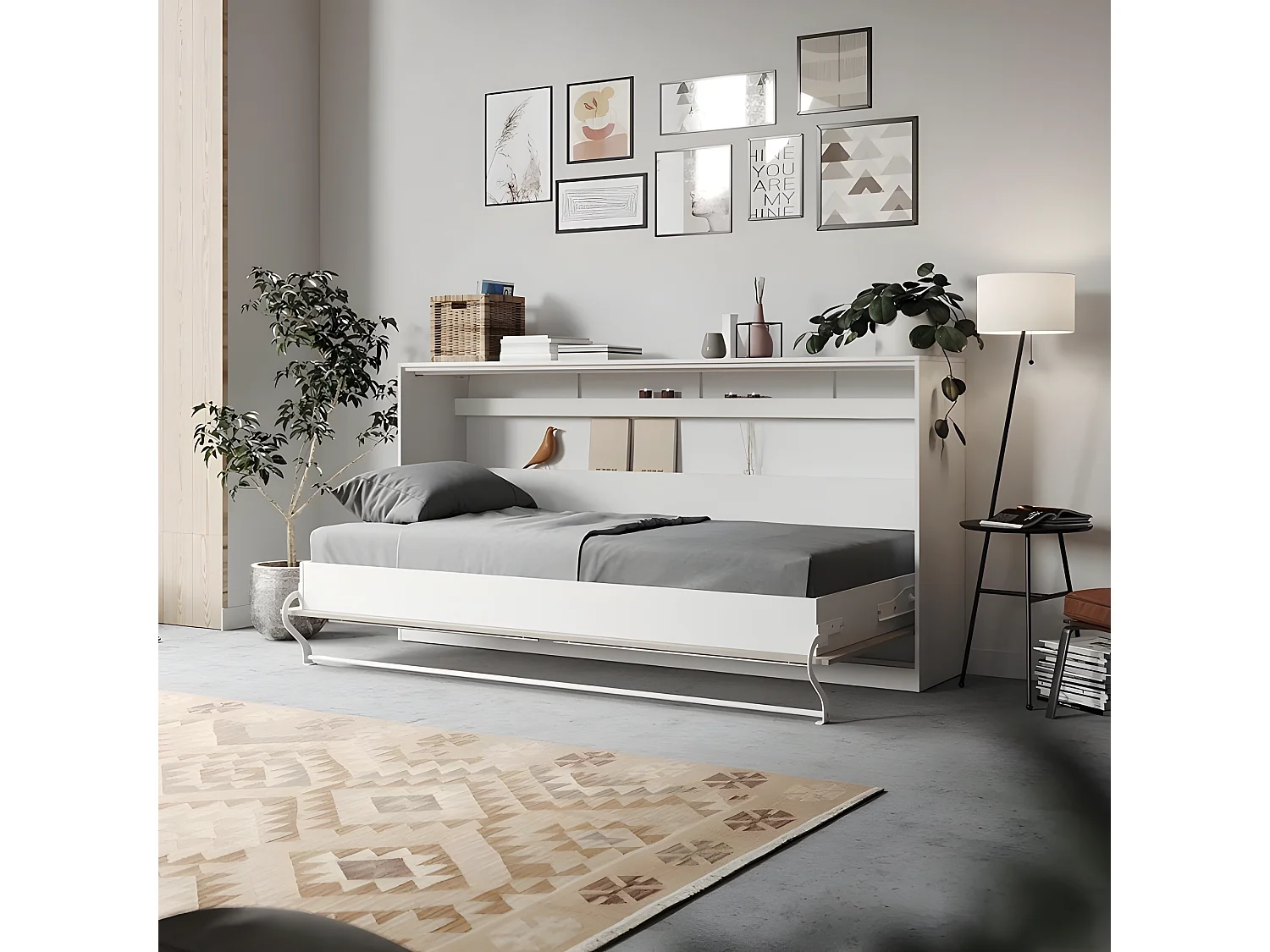 Armoire Lit escamotable 90x200cm Supérieur Horizontal Lit Rabattable Lit Mural Blanc/Béton