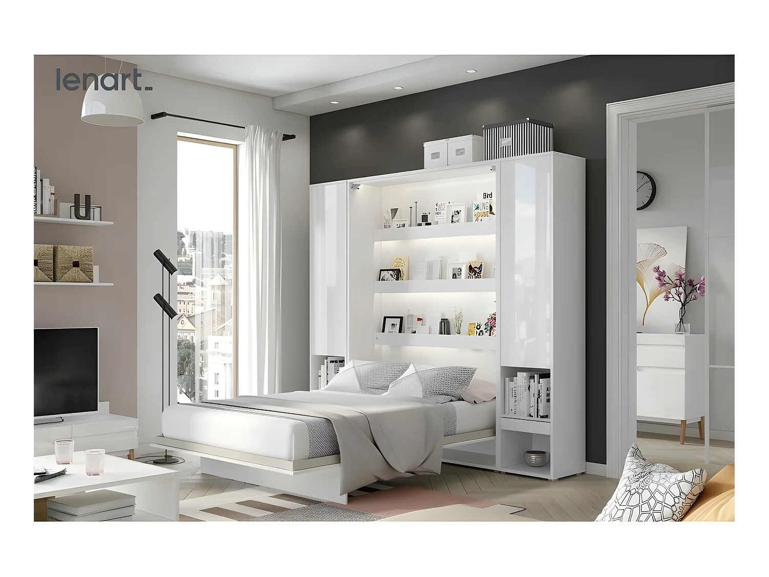 Lenart Armoire Lit escamotable +2 Placards tiroir Vertical 180x200 cm blanc brillant tiroir Lit Rabattable Lit Mural"Consus"