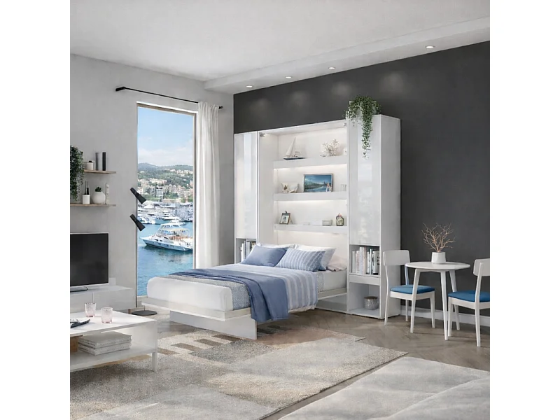 Lenart Armoire Lit escamotable +2 Placards tiroir Vertical 180x200 cm blanc brillant tiroir Lit Rabattable Lit Mural"Consus"