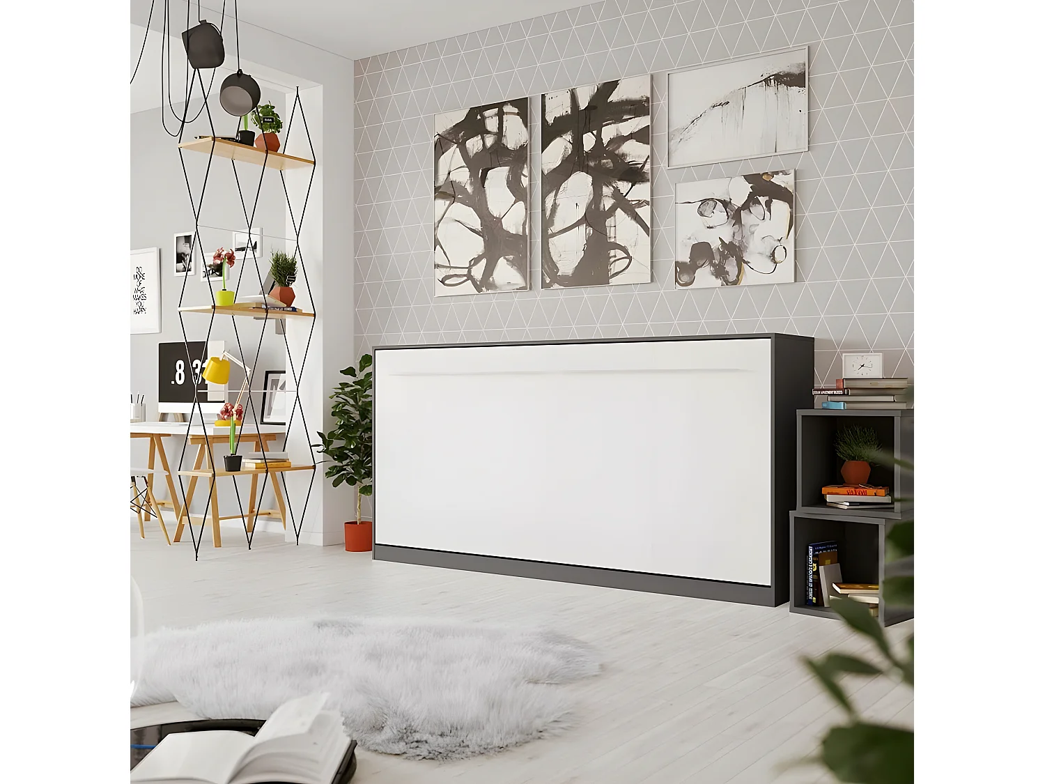 Armoire Lit escamotable 90x200cm Supérieur Horizontal Lit Rabattable Lit Mural Anthracite/Blanc