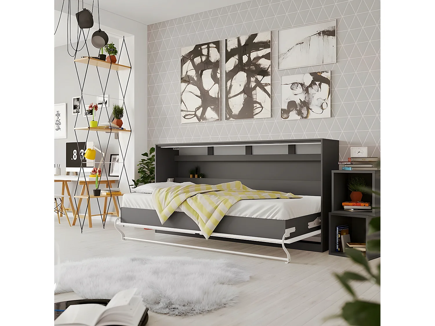 Armoire Lit escamotable 90x200cm Supérieur Horizontal Lit Rabattable Lit Mural Anthracite/Blanc