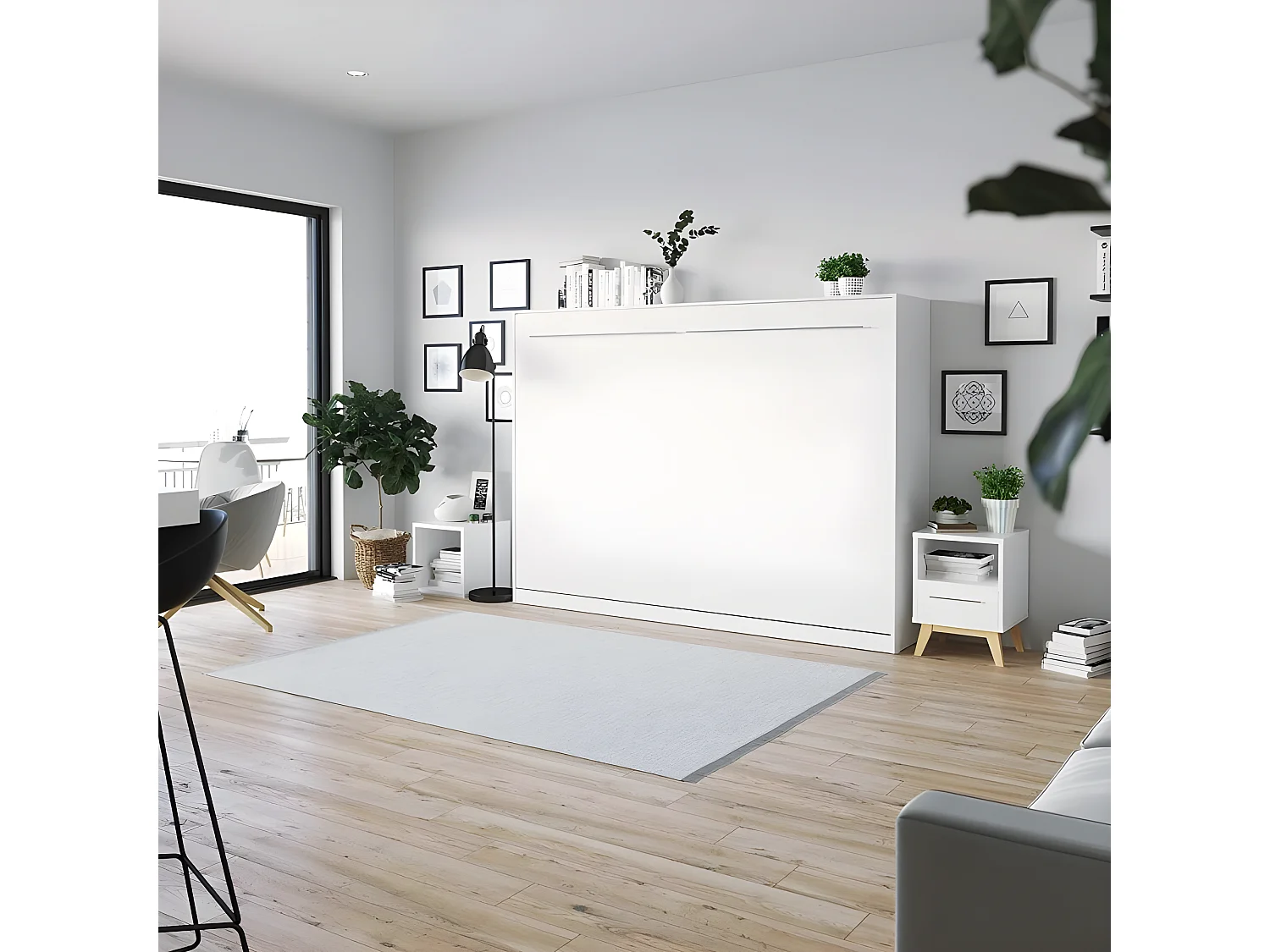 Armoire Lit escamotable 140x200cm Supérieur Horizontal Lit Rabattable Lit Mural Blanc/blanc