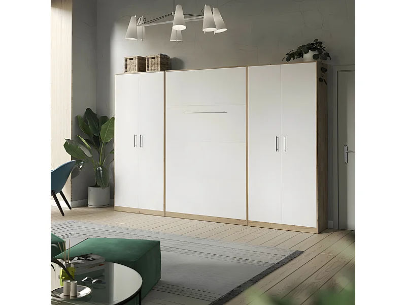 Lit escamotable +2 Placards Vertical 140x200+(100x2)cm Lit Rabattable Lit Mural Standard Chêne Sauvage/blanc