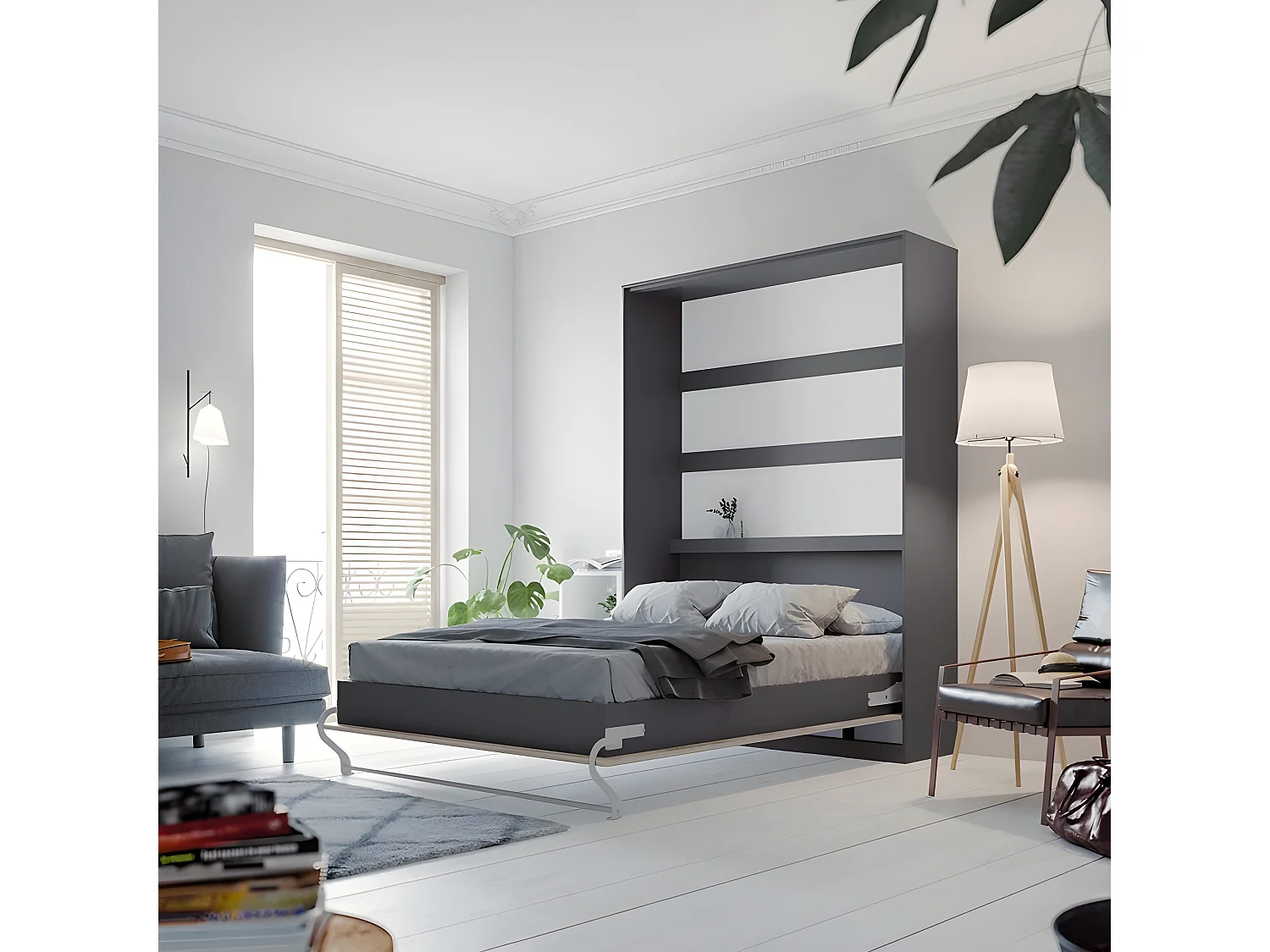 Armoire Lit escamotable 140x200cm Lit Rabattable Lit Mural Supérieur Vertical Anthracite/Chêne Sonoma