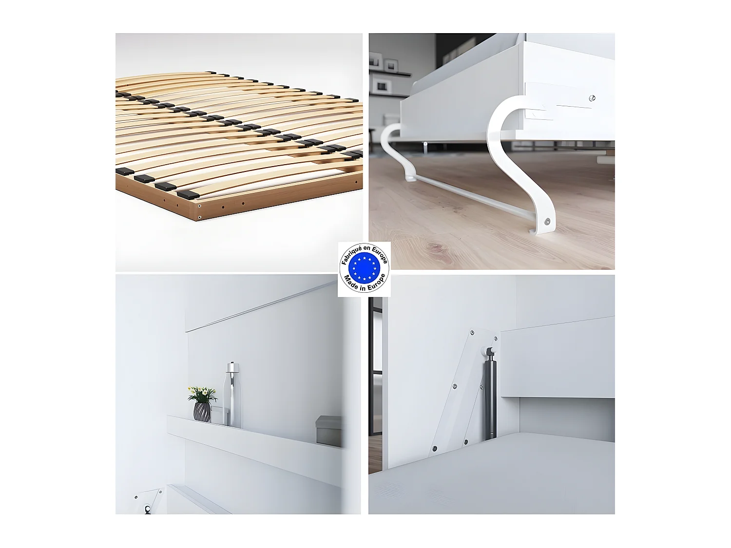 Lit escamotable +2 Placards Vertical 140x200+(100x2)cm Lit Rabattable Lit Mural Standard Blanc/Blanc brillant