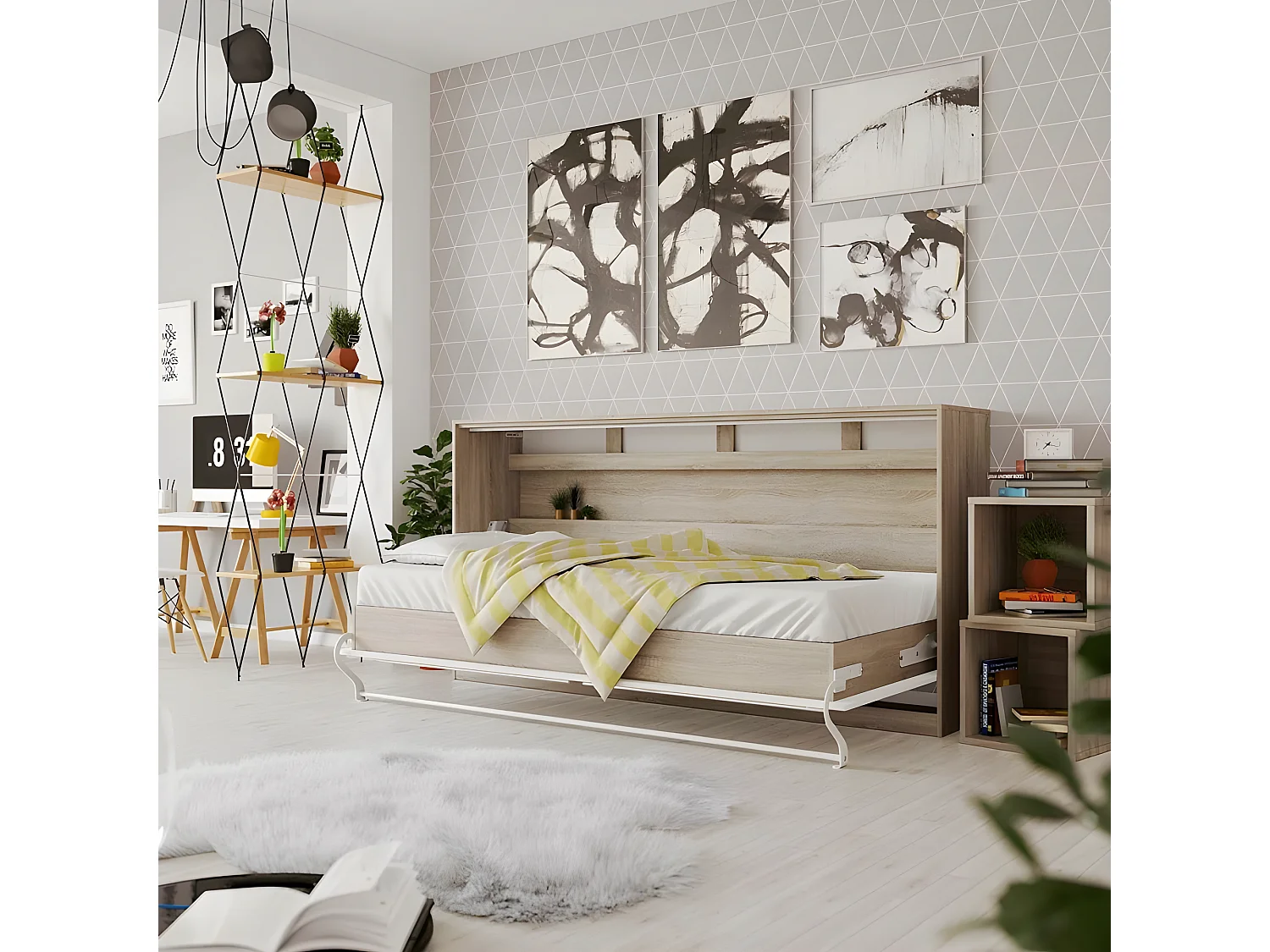 Armoire Lit escamotable 90x200cm Supérieur Horizontal Lit Rabattable Lit Mural Chêne Sonoma/Blanc brillant