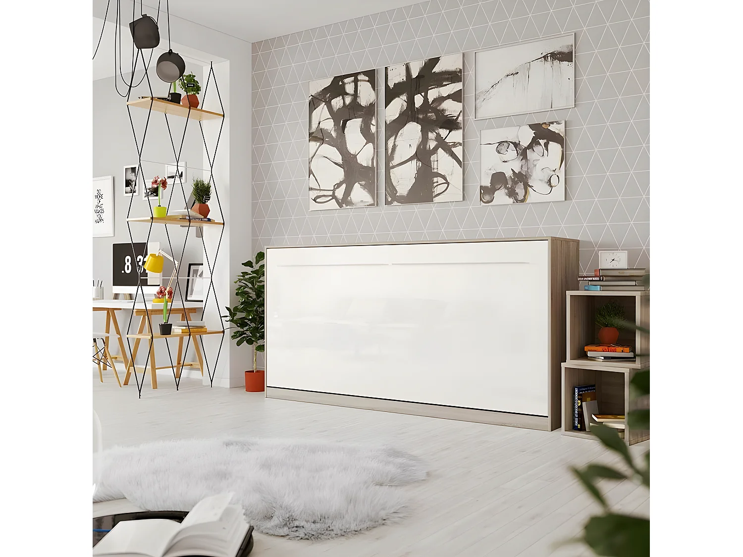 Armoire Lit escamotable 90x200cm Supérieur Horizontal Lit Rabattable Lit Mural Chêne Sonoma/Blanc brillant