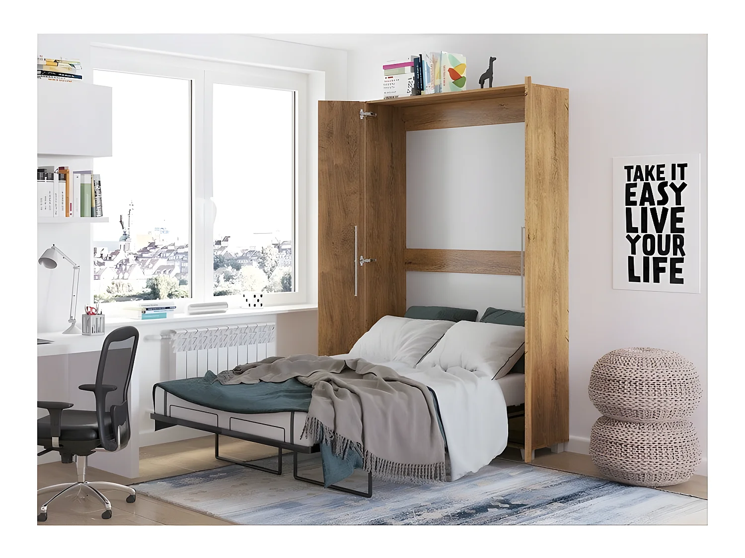 Armoire Lit escamotable Vertical 120x200 cm Chêne foncé avec porte Lit Rabattable Lit Mural Todor