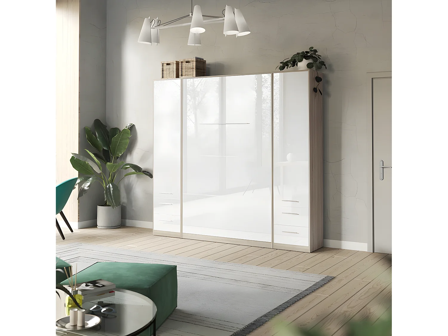 Lit escamotable +2 Placards Vertical 90x200+(50x2)cm Lit Rabattable Lit Mural Standard Chêne Sonoma/Blanc brillant