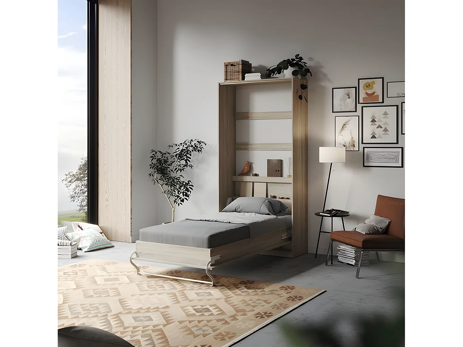 Armoire Lit escamotable 90x200cm Vertical Lit Rabattable Lit Mural Supérieur Chêne Sonoma/Béton