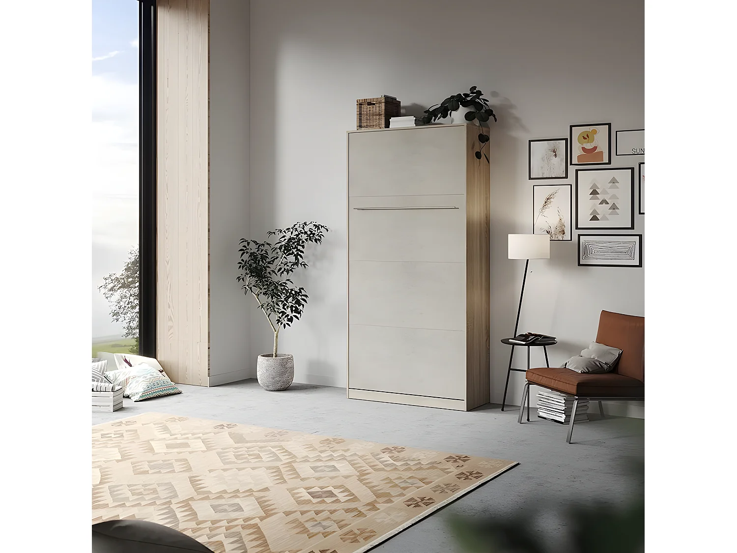 Armoire Lit escamotable 90x200cm Vertical Lit Rabattable Lit Mural Supérieur Chêne Sonoma/Béton