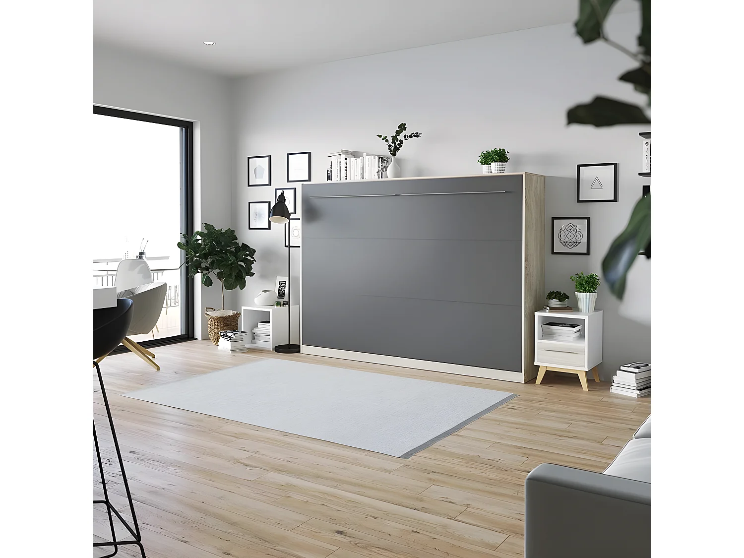 Armoire Lit escamotable 140x200cm Supérieur Horizontal Lit Rabattable Lit Mural Chêne Sonoma/Anthracite