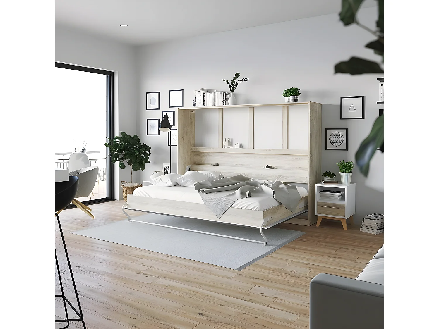 Armoire Lit escamotable 140x200cm Supérieur Horizontal Lit Rabattable Lit Mural Chêne Sonoma/Anthracite