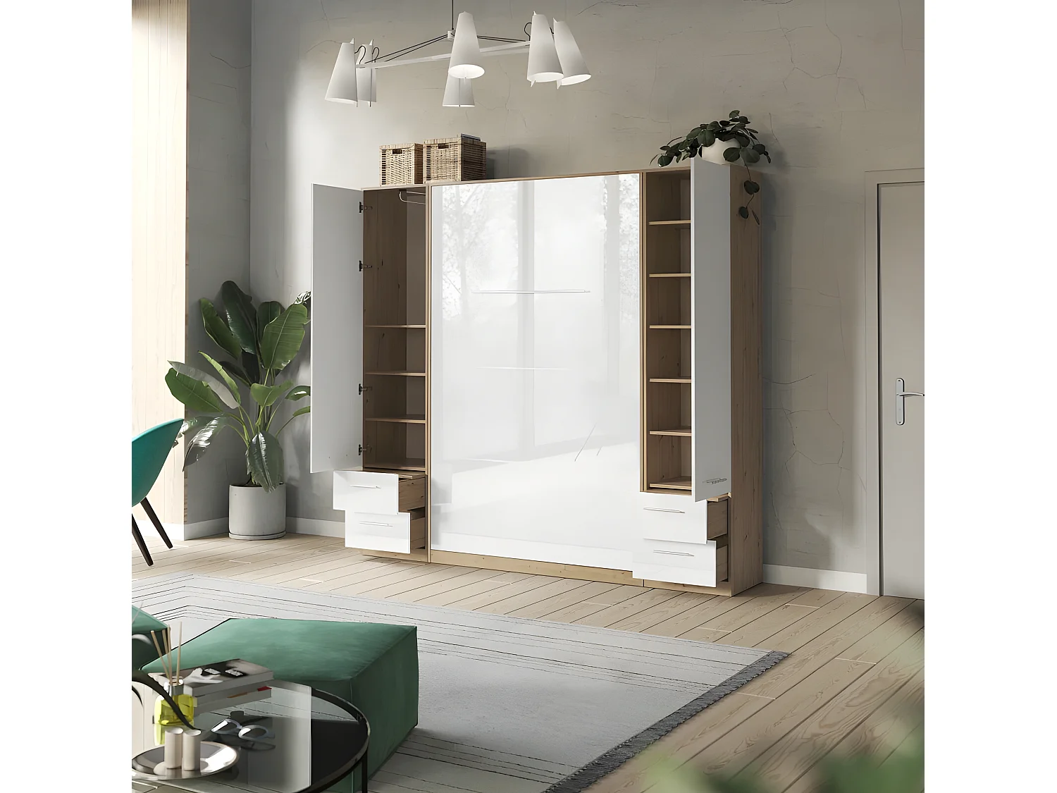 Lit escamotable +2 Placards Vertical 140x200+(50x2)cm Lit Rabattable Lit Mural Standard Chêne Sauvage/blanc brillant