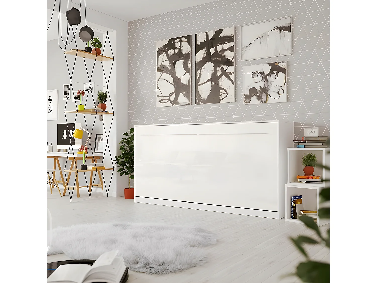 Armoire Lit escamotable 90x200cm Supérieur Horizontal Lit Rabattable Lit Mural Blanc/Blanc brillant