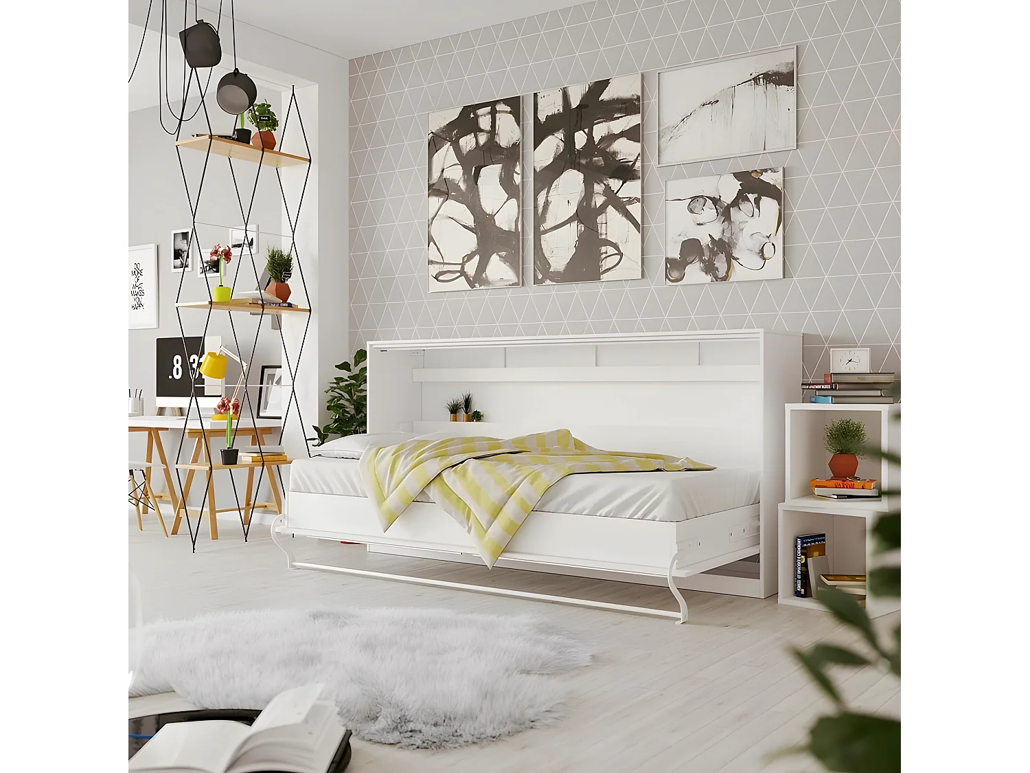 Armoire Lit escamotable 90x200cm Supérieur Horizontal Lit Rabattable Lit Mural Blanc/Blanc brillant