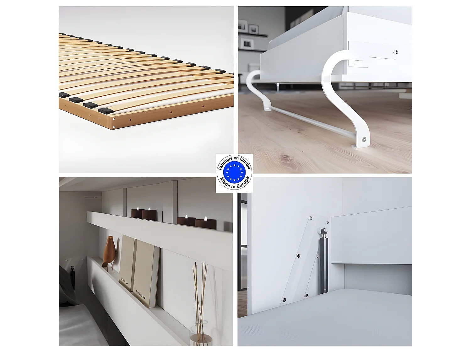 Armoire Lit escamotable 90x200cm Supérieur Horizontal Lit Rabattable Lit Mural Blanc/Blanc brillant