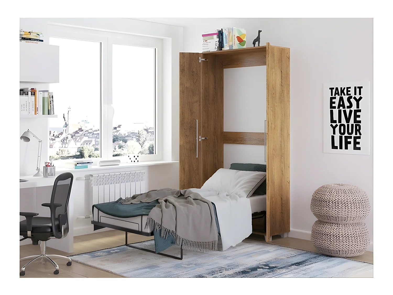 Armoire Lit escamotable Vertical 90x200 cm Chêne foncé avec porte Lit Rabattable Lit Mural Todor