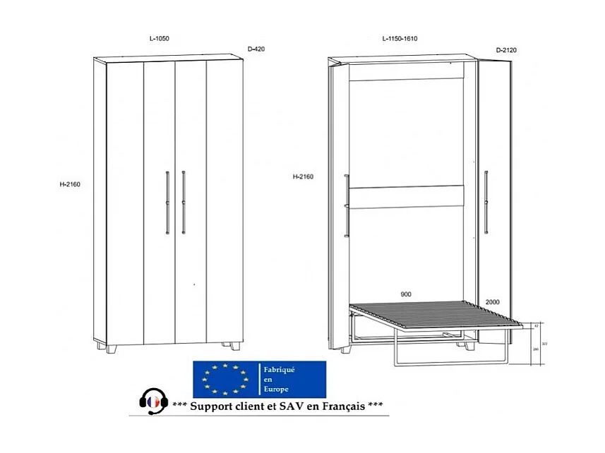 Armoire Lit escamotable Vertical 90x200 cm Chêne foncé avec porte Lit Rabattable Lit Mural Todor