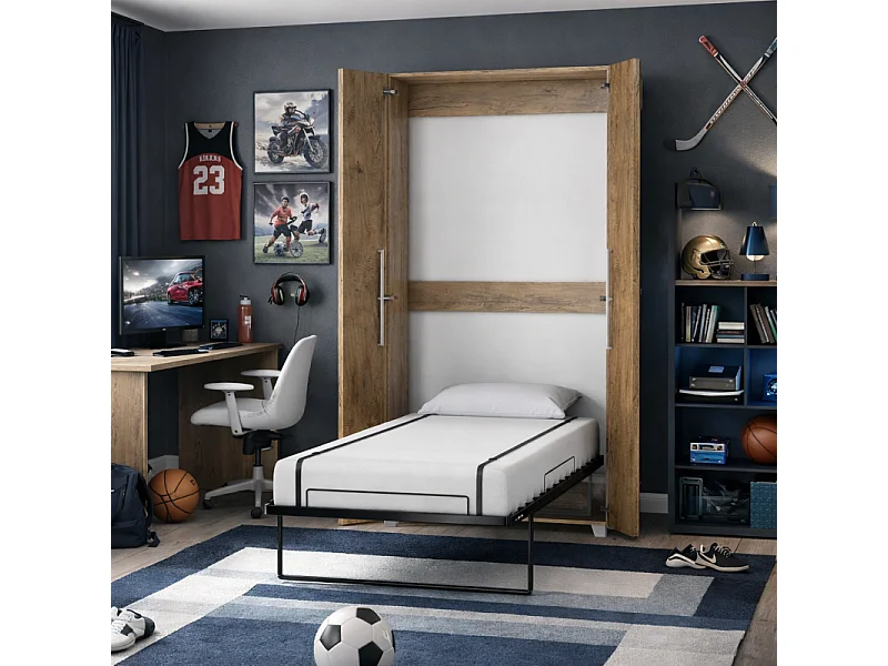 Armoire Lit escamotable Vertical 90x200 cm Chêne foncé avec porte Lit Rabattable Lit Mural Todor