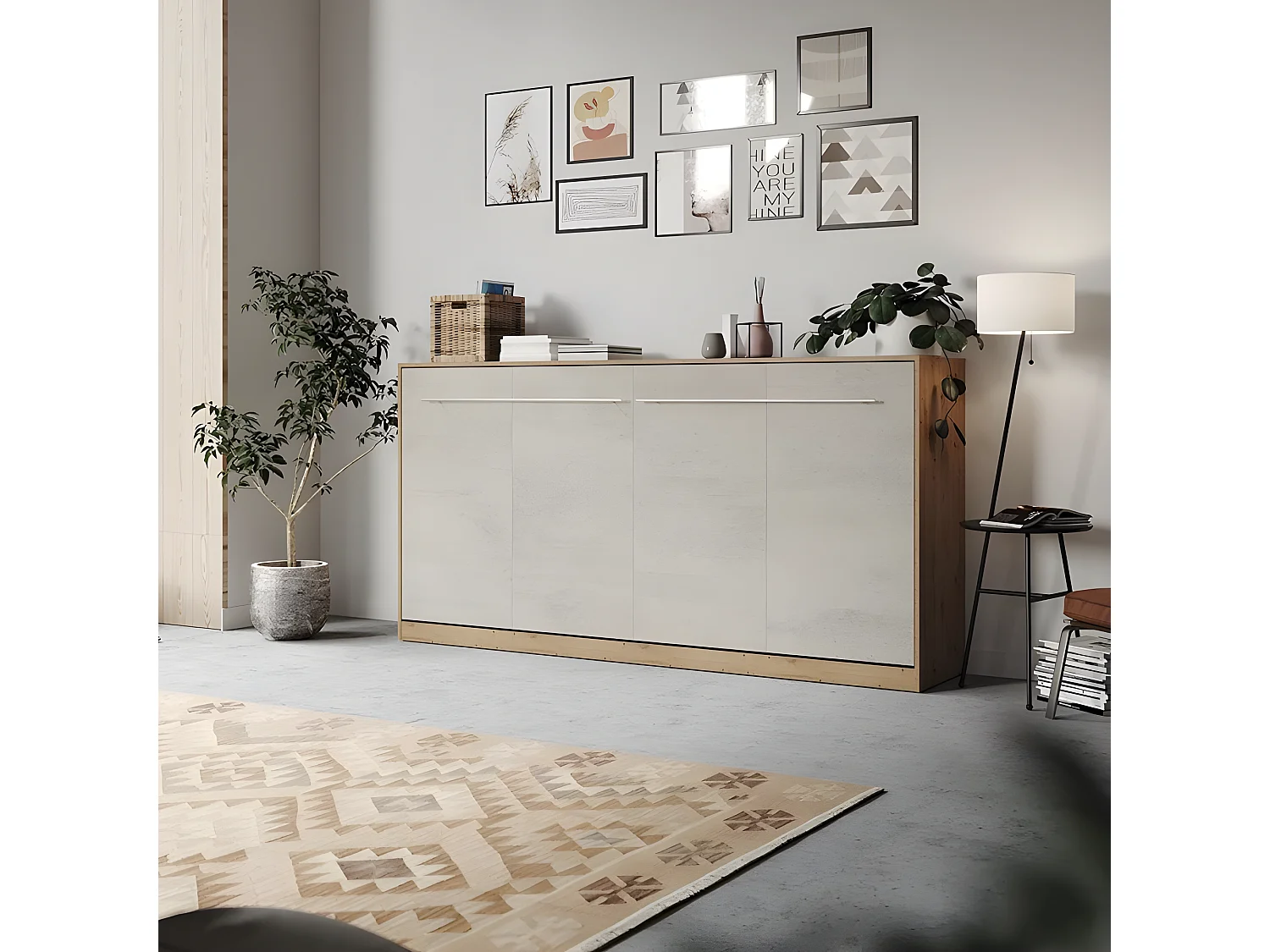 Armoire Lit escamotable 90x200cm Supérieur Horizontal Lit Rabattable Lit Mural Chêne Sauvage/Béton